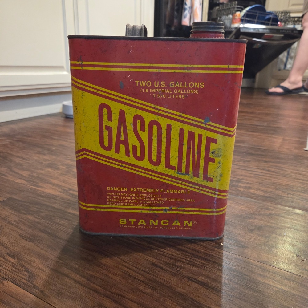 Vintage Stancan 2 Gallon Metal Gas Can Standard Container Co Red Yellow Rusty